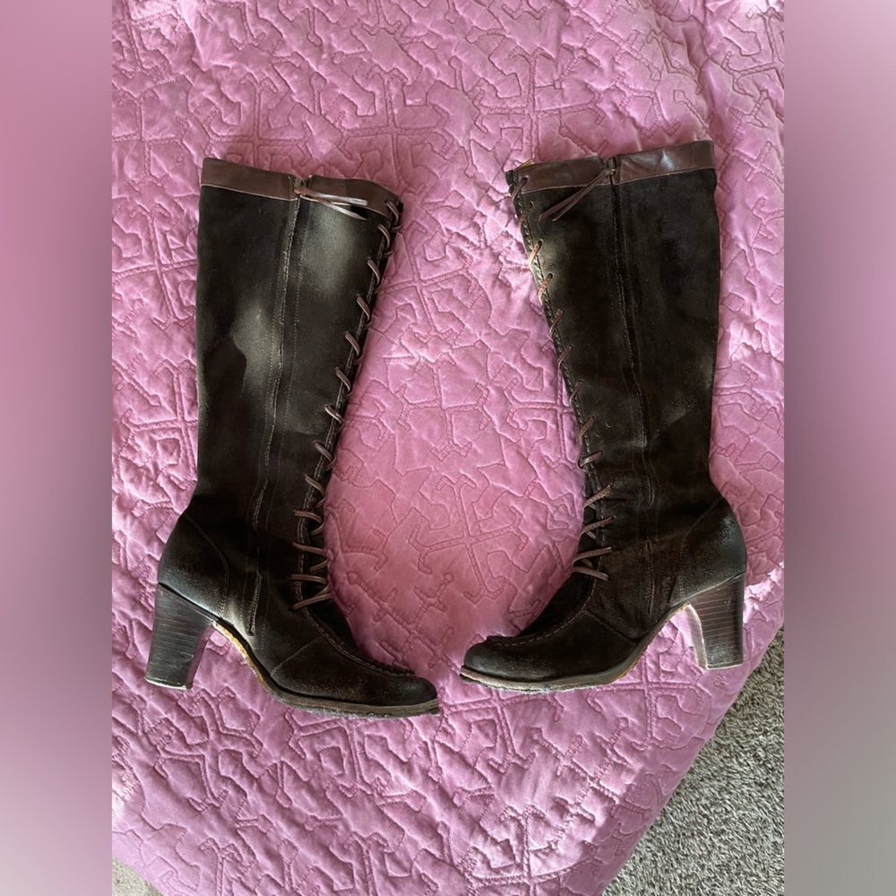 Brown suede leather knee length lace up Frye boots 8.5